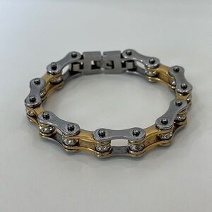 Silver and Gold Bike Chain Bracelet with Clear Stones